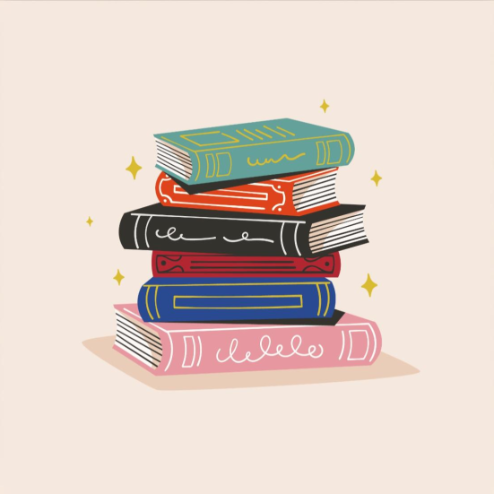 Illustration af en stak bøger på en ensfarvet baggrund.