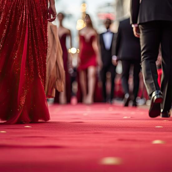 Celebratory evening on a red carpet with people in red dresses and black suits walking