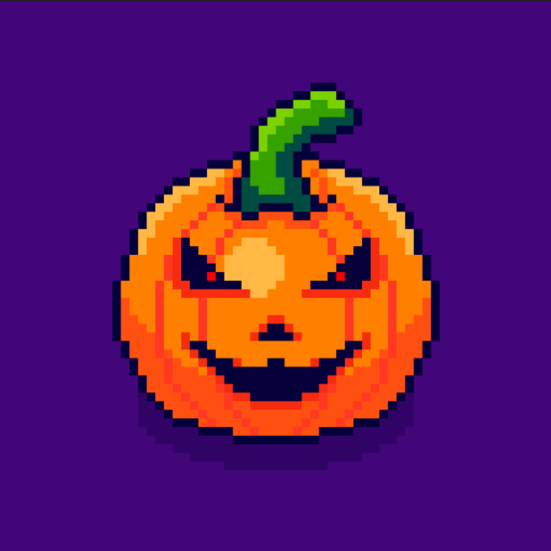 Græskar i 8-BIT-stil på en lilla baggrund.