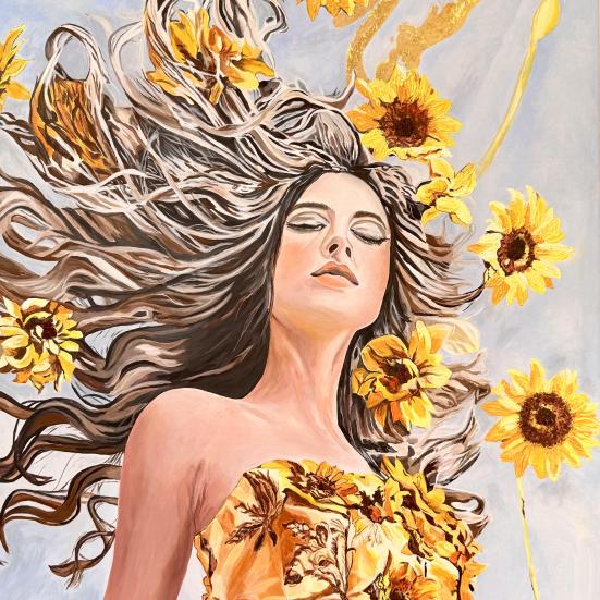 Maleri af Rojvan Kandan, der forestiller en kvinde klædt i gult, med solsikker svævende omkring hende.