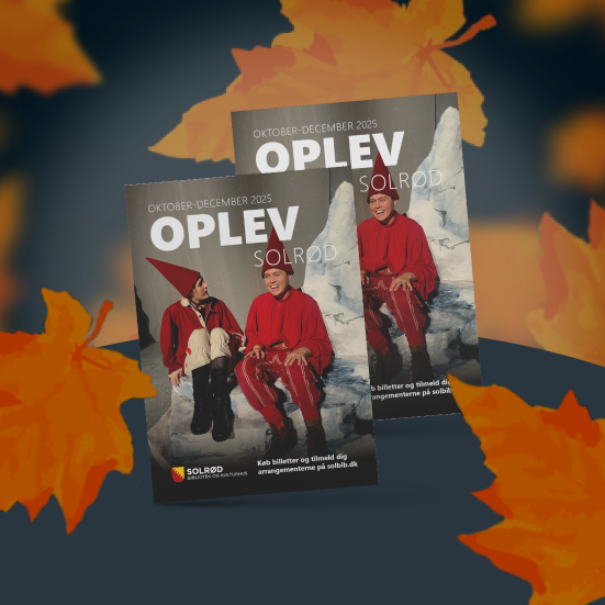 Bibliotekets arrangementsfolder OPLEV, pÄ mÞrk baggrund med orange efterÄrsblade rundt om.