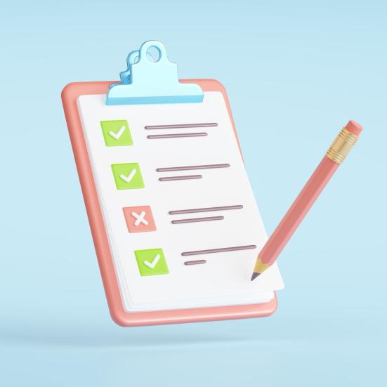 3D-clip board med afkrydsningsfelter, flueben og en blyant.