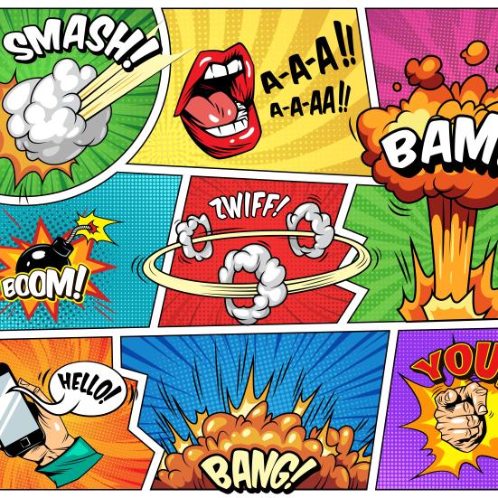 Tegneserieillustrationer med udråbsord og eksplosioner.