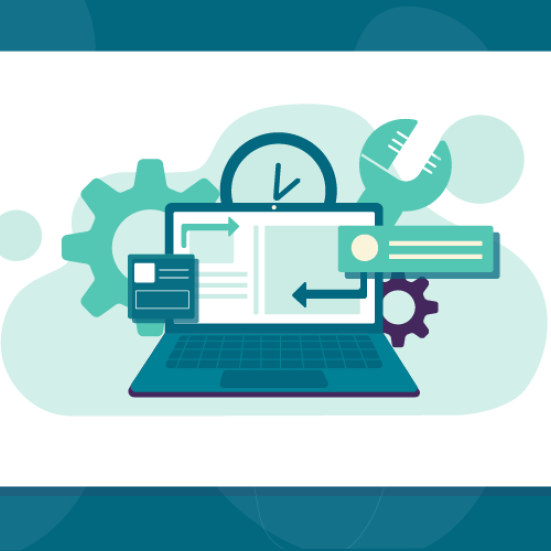 Grafik med computer, ur, svensknøgle og tandhjul.