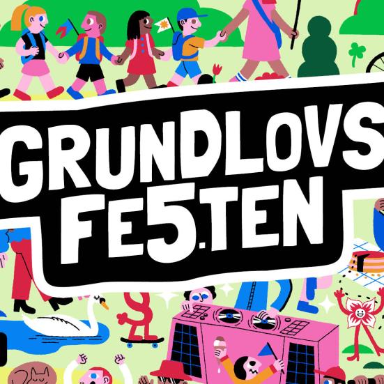 Farverig grafik med mange mennesker og "Grundlovsfesten"s logo.