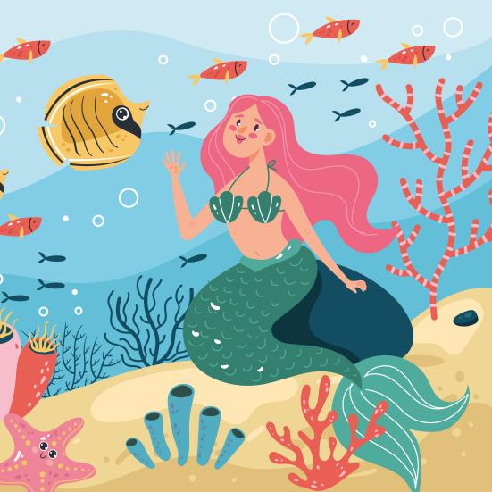 Illustration af fisk og en havfrue, der sidder på en sten under vandet.