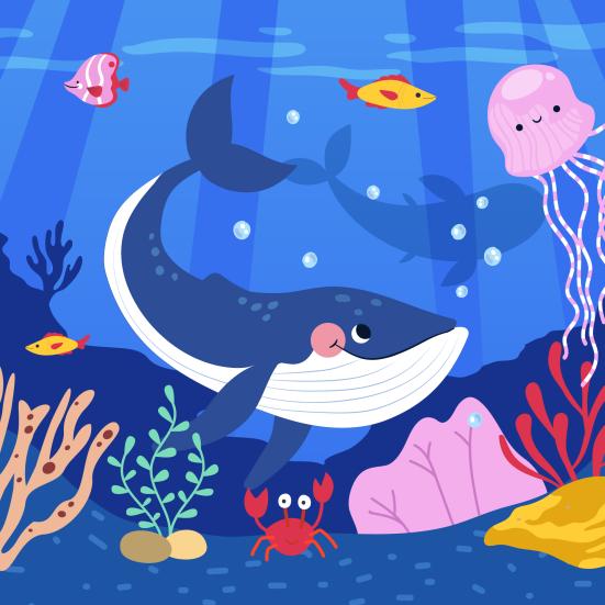 Illustration af dyr i havet, med hvaler, gopler, fisk, koraller og tang.
