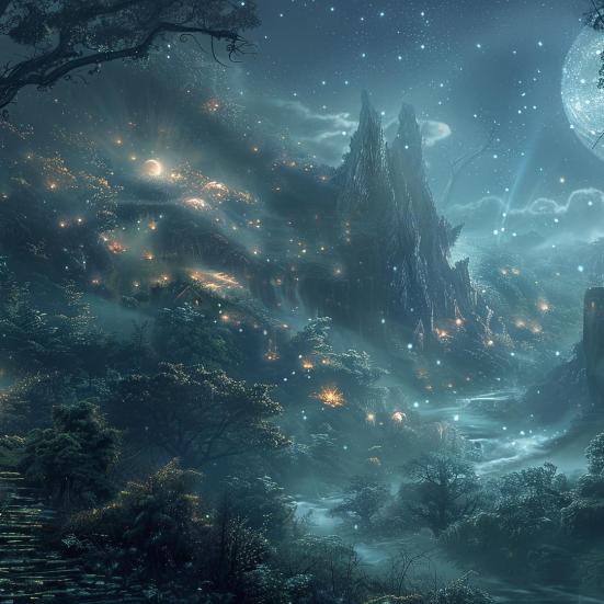 Fantasylandskab med dybe dale, træer og vild natur oplyst af måneskin.