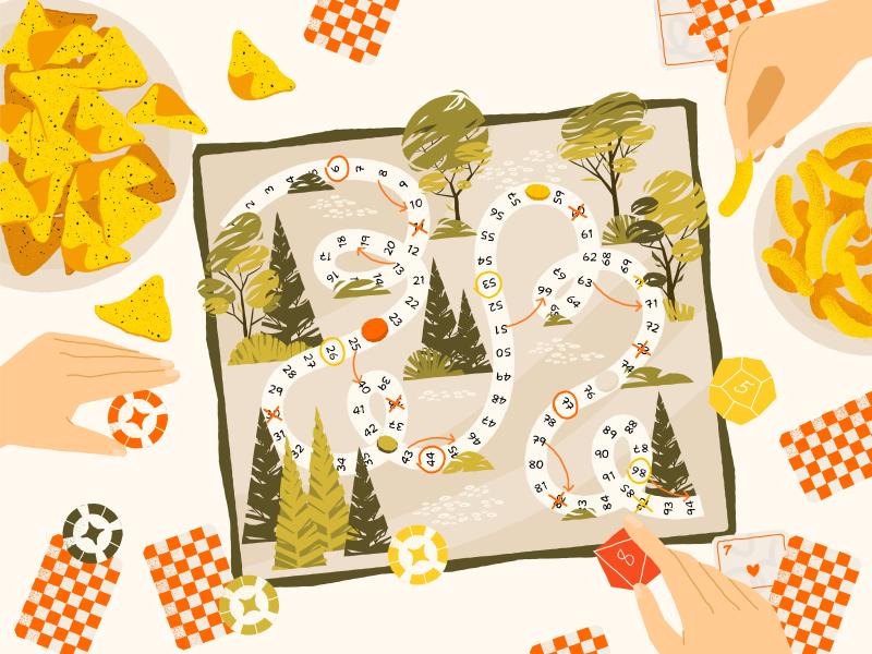 Illustration af brætspil set fra oven. På billedet er der hænder, der spiser chips og spiller med brikker og spillekort.