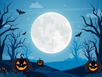 Grafik af halloween-landskab med smilende græskar, flagermus og en stor fuldmåne.