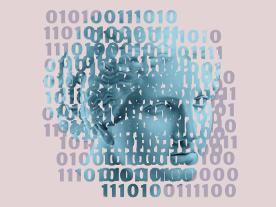 Antik kvindestatue i marmor og binære tal