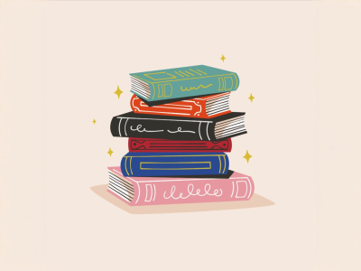 Illustration af en stak bøger på en ensfarvet baggrund.