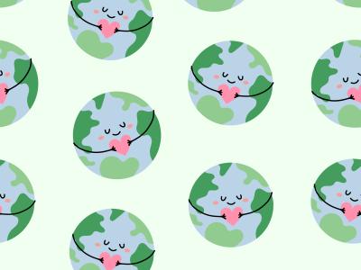 Mønster med illustrerede jordkloder, der krammer et lille hjerte på lysegrøn baggrund.