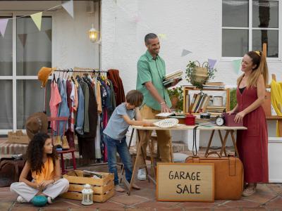 En familier, der holder loppemarked.