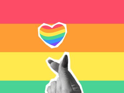 Grafik med hånd, der laver et hjertesymbol med fingrene foran en regnbue-baggrund. Ovenover er et regnbuefarvet hjerte.