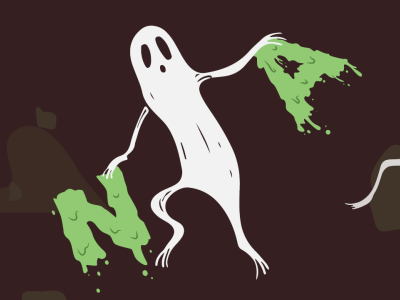 Illustration af et spøgelse, der holder to grønne, slimede bogstaver.