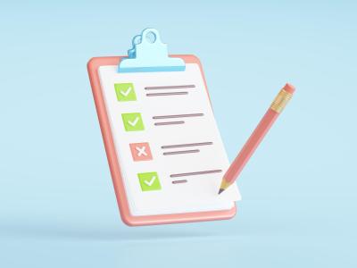 3D-clip board med afkrydsningsfelter, flueben og en blyant.