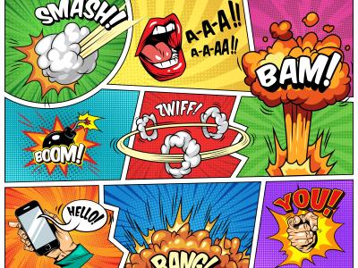 Tegneserieillustrationer med udråbsord og eksplosioner.