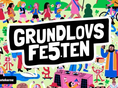 Farverig grafik med mange mennesker og "Grundlovsfesten"s logo.