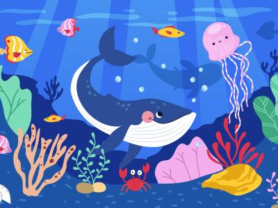 Illustration af dyr i havet, med hvaler, gopler, fisk, koraller og tang.