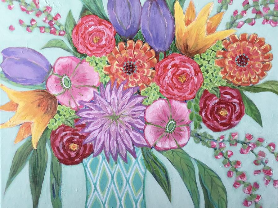 Maleri af en turkis blomstervase, der holder en frodig buket orange, gule, lilla og lyserøde blomster.