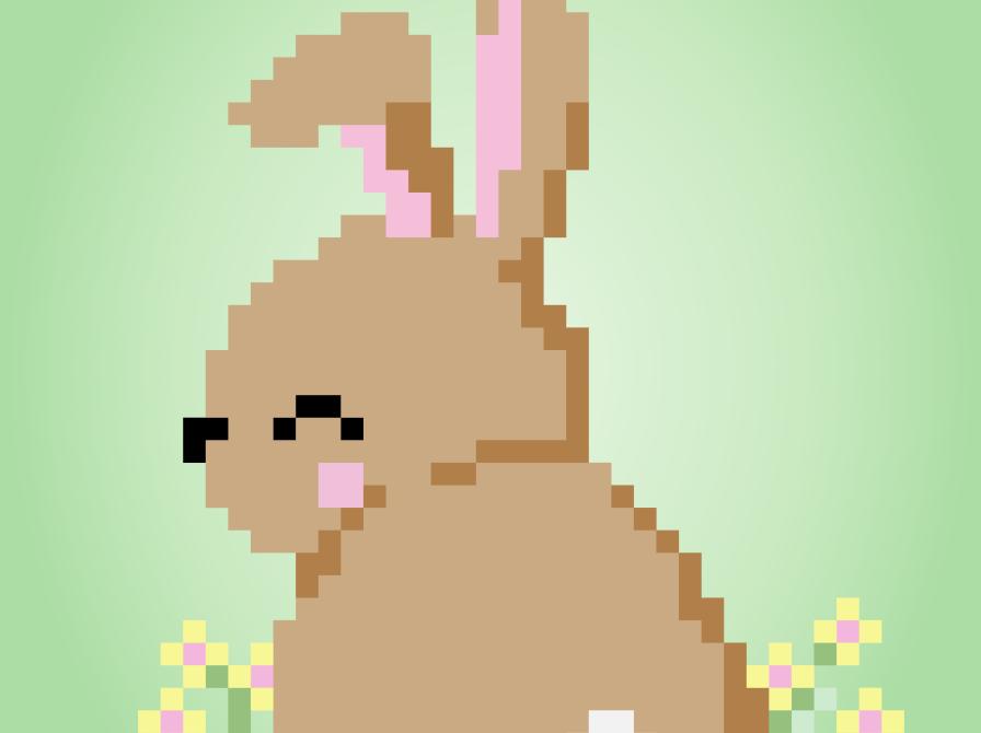 Pixeleret tegning af en lysebrun kanin med hvid hale 
