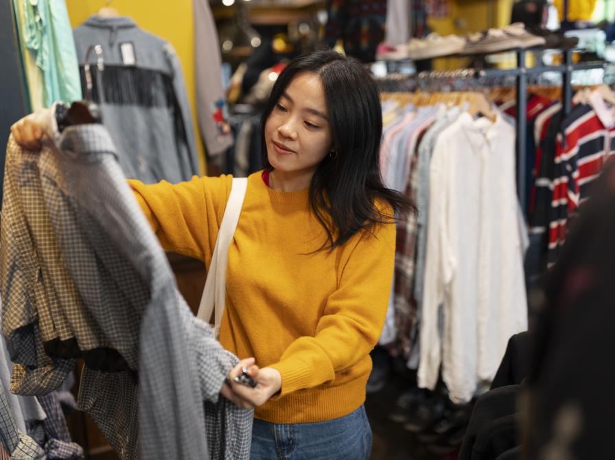 Kvinde, der kigger på en bluse i en tøjbutik.