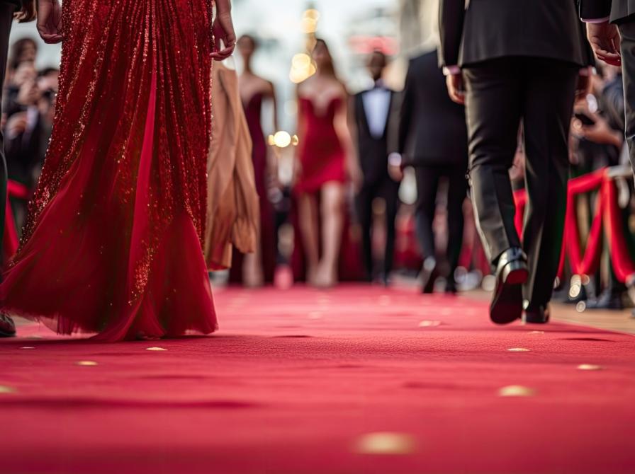 Celebratory evening on a red carpet with people in red dresses and black suits walking