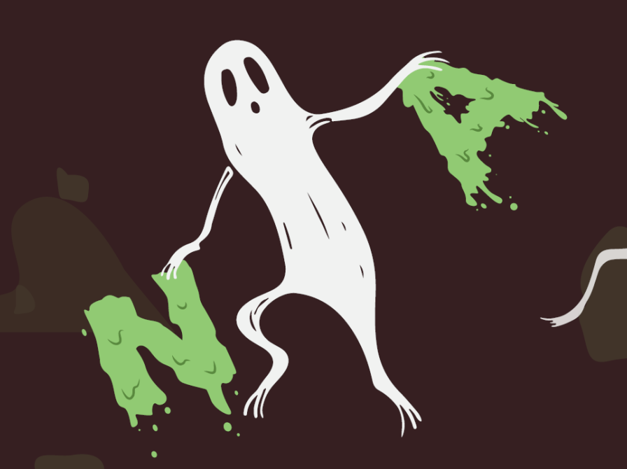 Illustration af et spøgelse, der holder to grønne, slimede bogstaver.