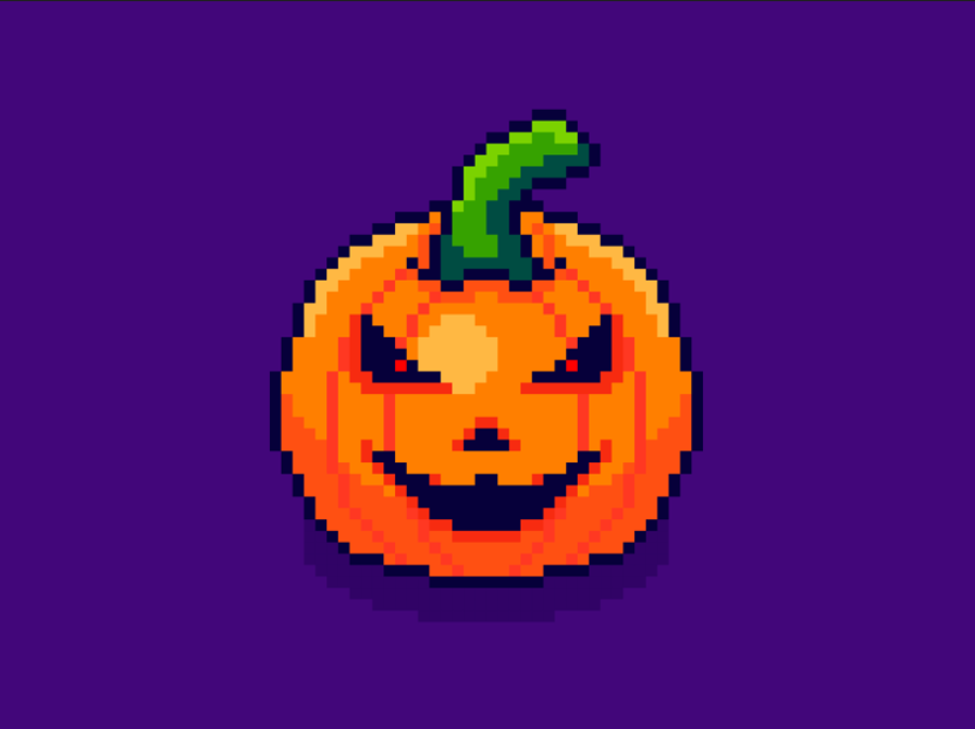 Græskar i 8-BIT-stil på en lilla baggrund.