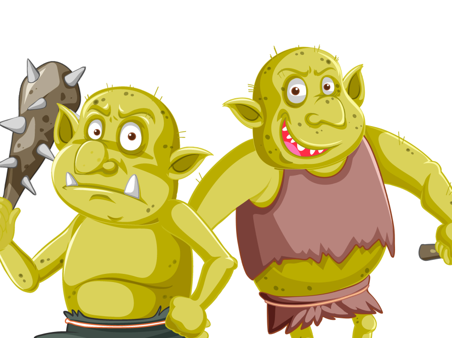 To grønne trolde, med iturevet tøj og trækøller med pigge på.