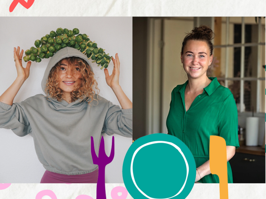 Billede af hhv. Julia Prokopenko og Britta Surland. Rundt om dem ses tegnet grafik, med mad-tema.