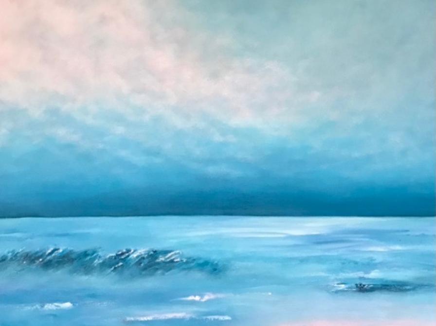Maleri af havet og himlen i tyrkisblå toner.