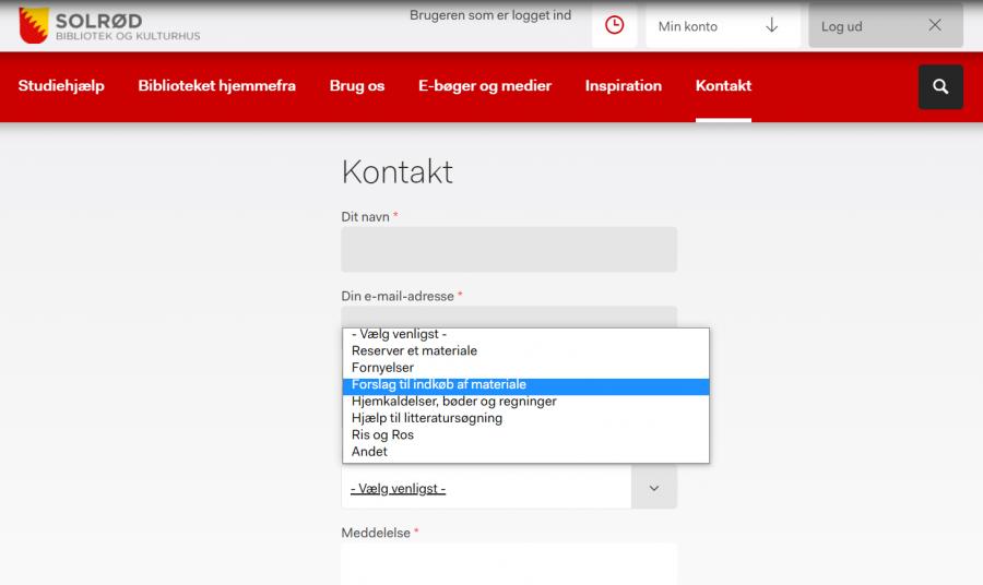 Skærmbillede af kontaktformularen på www.solbib.dk med en udfoldet dropdown-menu, hvor "Forslag til materiale" er markeret